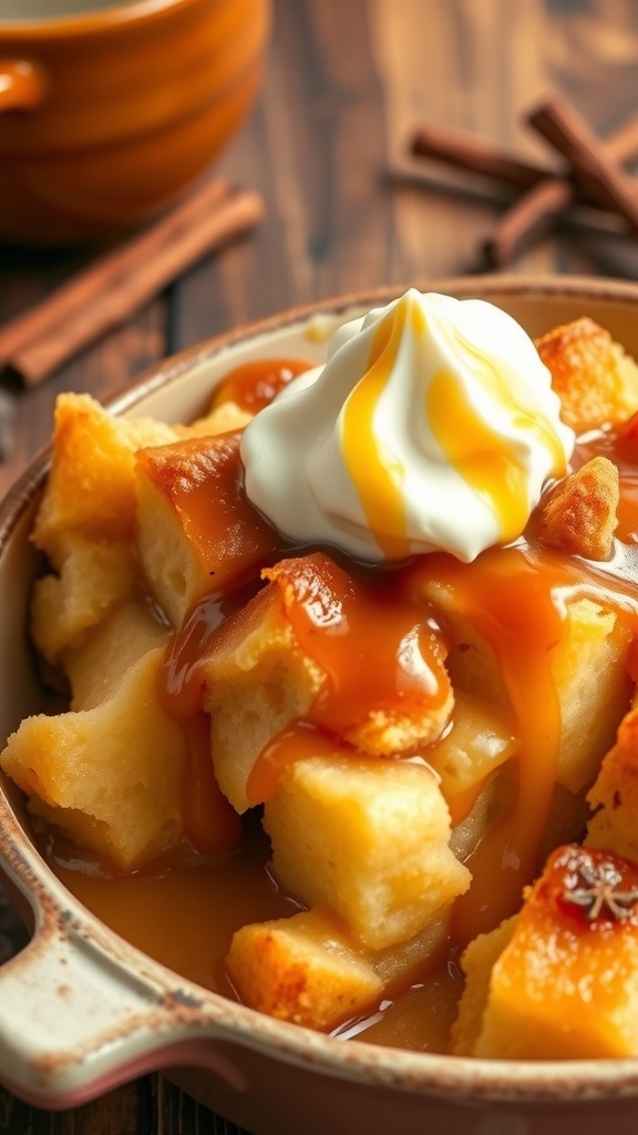 Three Milk Bread Pudding Recipe Three milk bread pudding served in a rustic dish, topped with whipped cream and caramel sauce.